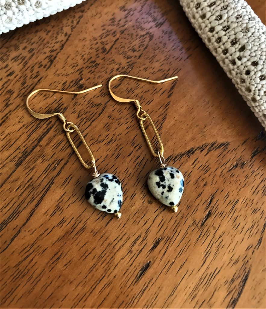 Boucles d'Oreilles Cœur Jaspe Dalmatien & Acier Inoxydable