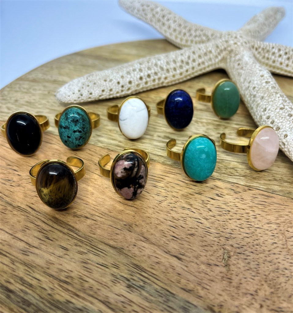 Bague Lyanala en Acier Inoxydable Doré Réglable | 10 Pierres Naturelles au Choix