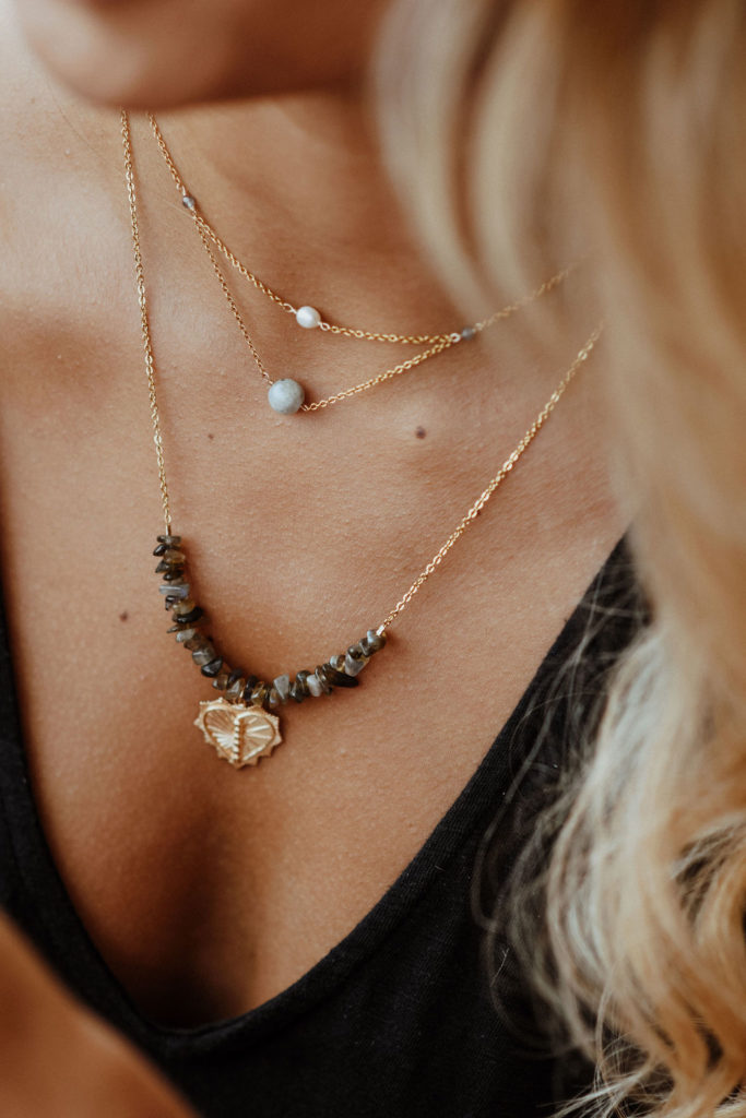 Collier double avec pierres naturelles - Labradorite, Lapis Lazuli, Quartz rose...