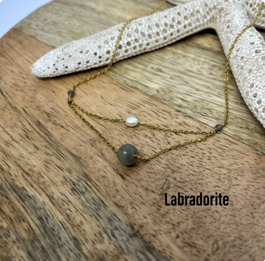 Collier double avec pierres naturelles - Labradorite, Lapis Lazuli, Quartz rose...