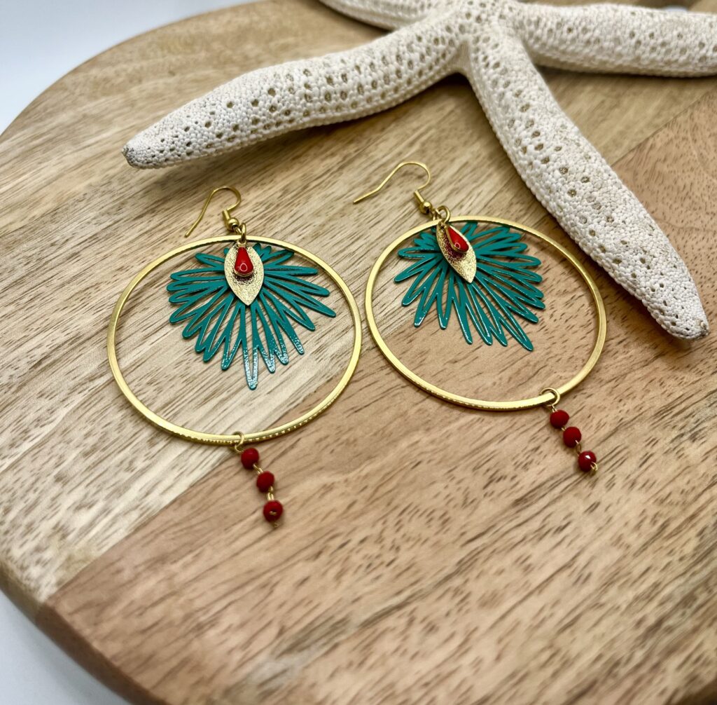 flora - LzaCréa Boucles d'Oreilles Flora Rouge XL • Anneau 45mm & Fleur Bleu Paon