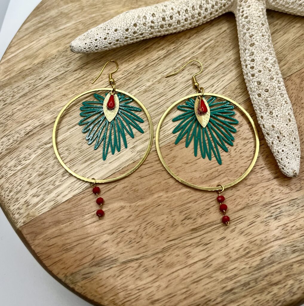 flora - LzaCréa Boucles d'Oreilles Flora Rouge XL • Anneau 45mm & Fleur Bleu Paon