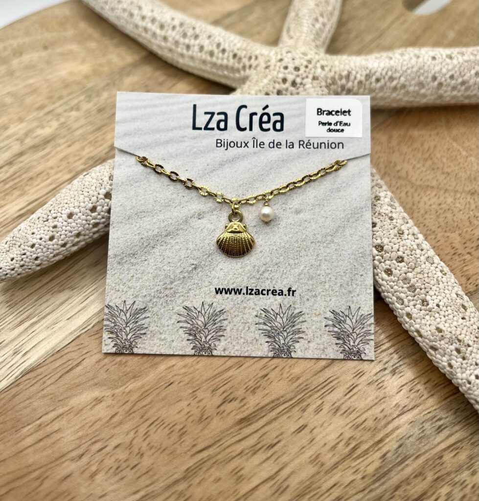 Coquille - LzaCréa Bracelet FAUNE & FLORE Ile de la Réunion • Perle d'Eau Douce & Acier Inoxydable